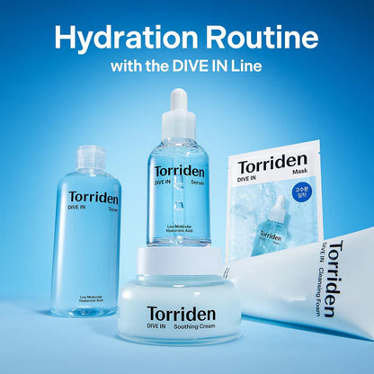 Torriden skincare products with 'Hydration Routine with the DIVE IN Line' text on a blue background