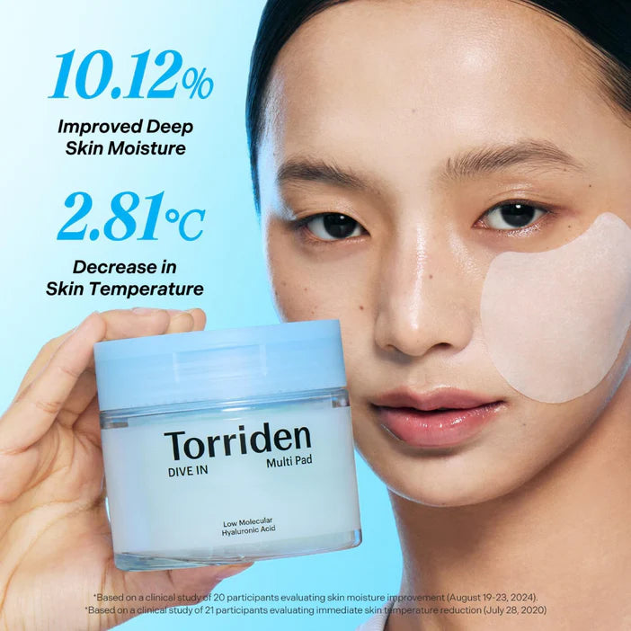 Person holding a jar of Torriden skincare product with text about skin moisture and temperature on a blue background