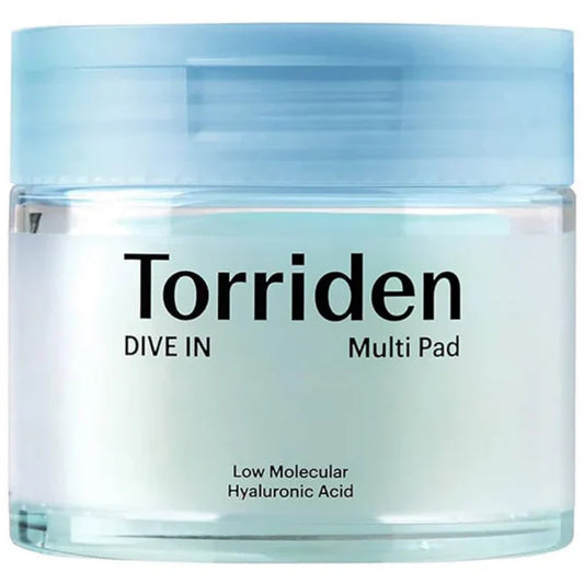 Jar of Torriden Multi Pad with blue lid and clear body on a white background