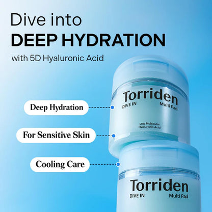 Torriden skincare product with text highlighting deep hydration, sensitive skin, and cooling care on a blue background.