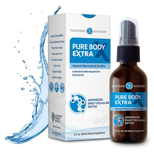 Touchstone Essentials Pure Body Extra 60ml with natural nanosized zeolite for detox and immune support, dietary supplement.