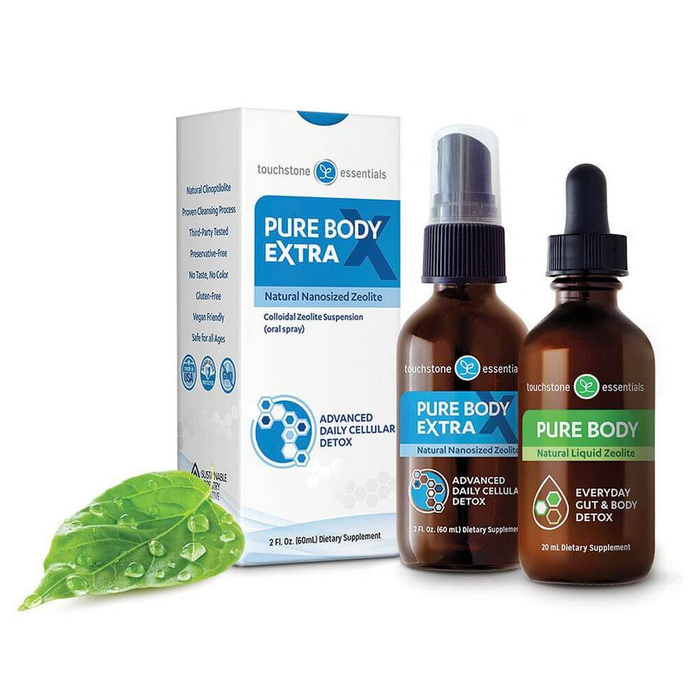 Touchstone Essentials Pure Body Extra Zeolite Detox Pack with bottles and packaging for daily cellular detox.