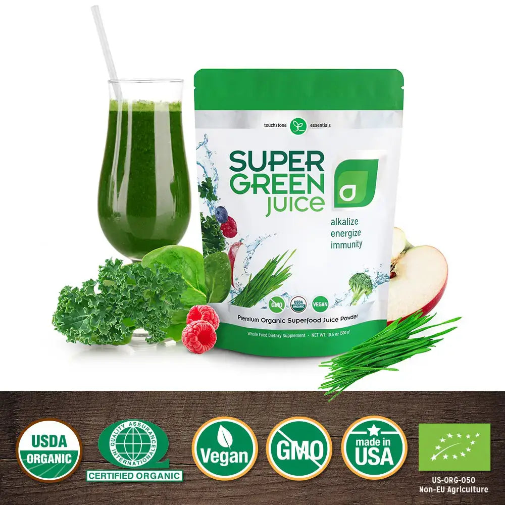 Touchstone Essentials Super Green Juice powder with glass of green juice, featuring organic ingredients and health certifications.
