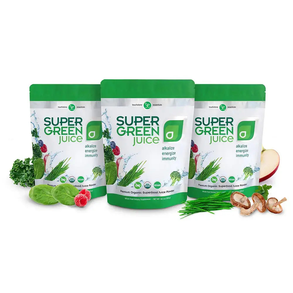 Touchstone Essentials Super Green Juice packs featuring organic superfoods for energy and immunity boost.