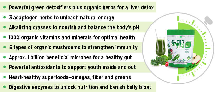 Touchstone Essentials Super Green Juice with benefits like detox, vitamins, minerals, and natural energy boost.