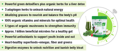 Touchstone Essentials Super Green Juice with benefits like detox, vitamins, minerals, and natural energy boost.