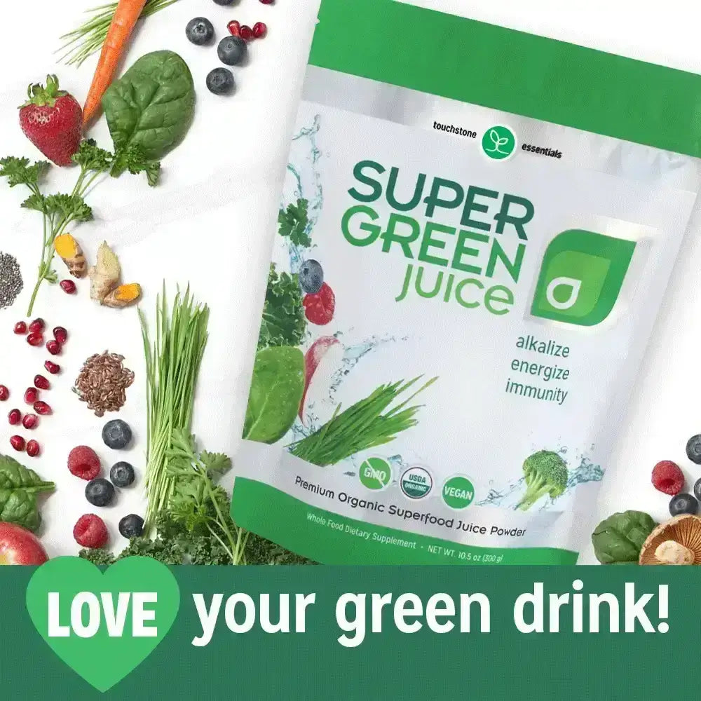 Touchstone Essentials Super Green Juice package with fresh berries and greens, promoting organic superfoods for immunity and energy.