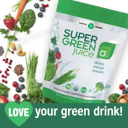 Touchstone Essentials Super Green Juice package with fresh berries and greens, promoting organic superfoods for immunity and energy.