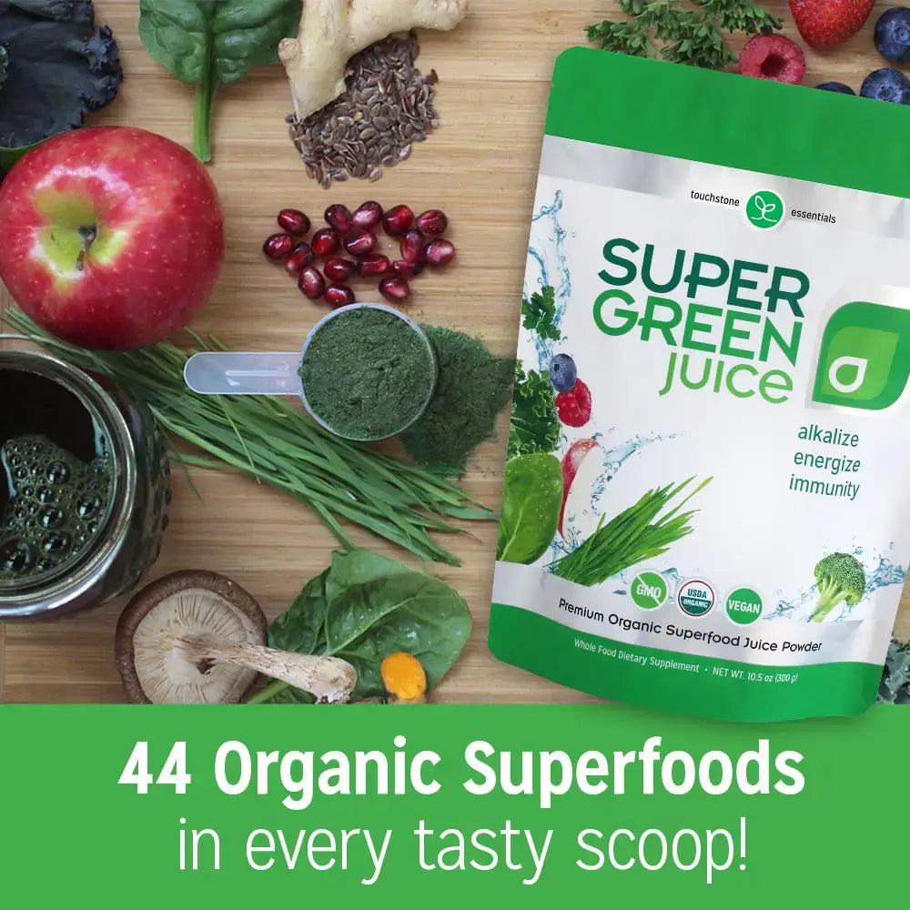 Touchstone Essentials Super Green Juice featuring 44 organic superfoods for energizing and alkalizing health benefits.