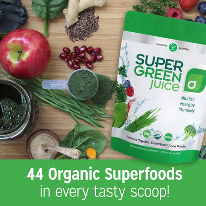 Touchstone Essentials Super Green Juice featuring 44 organic superfoods for energizing and alkalizing health benefits.