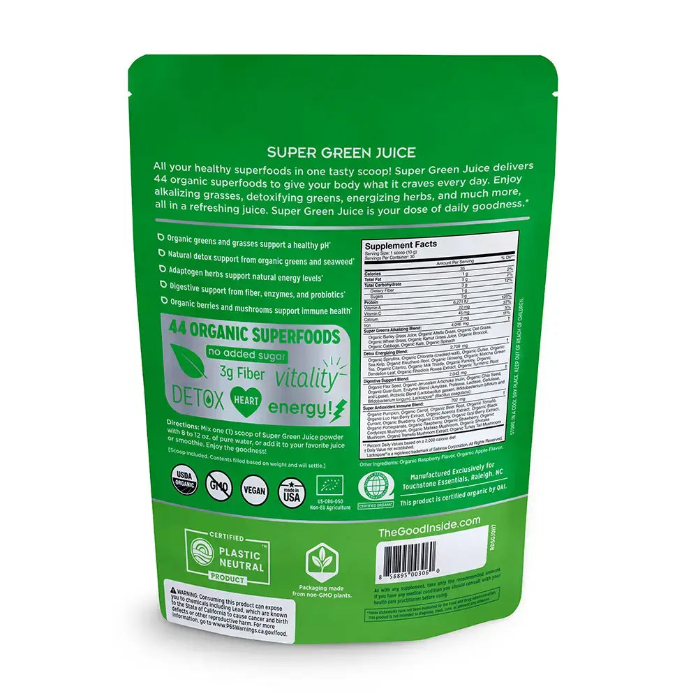 Back packaging of Touchstone Essentials Super Green Juice, listing 44 organic superfoods, no added sugar, and health benefits.