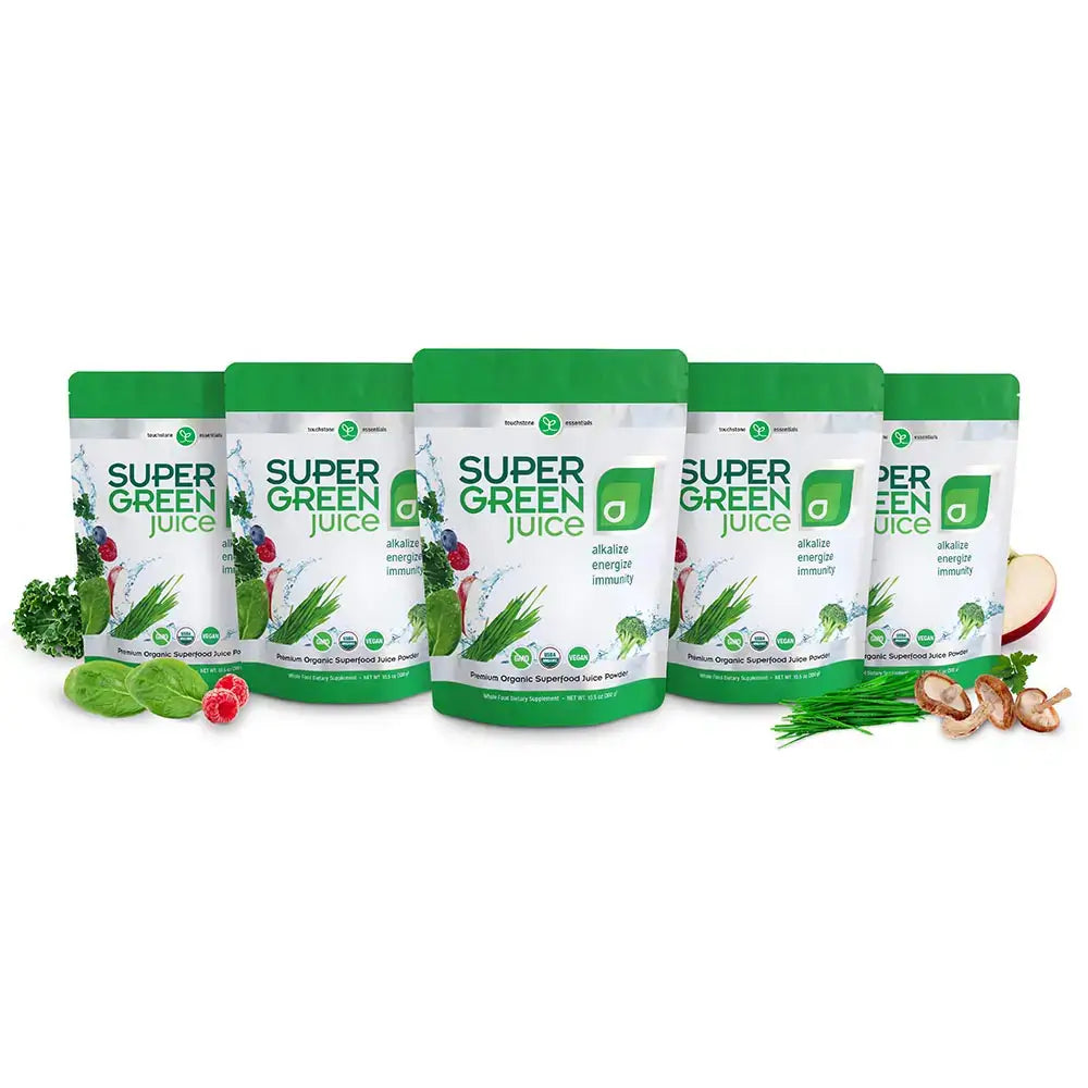Touchstone Essentials Super Green Juice, featuring 44 organic superfoods in convenient powder form.