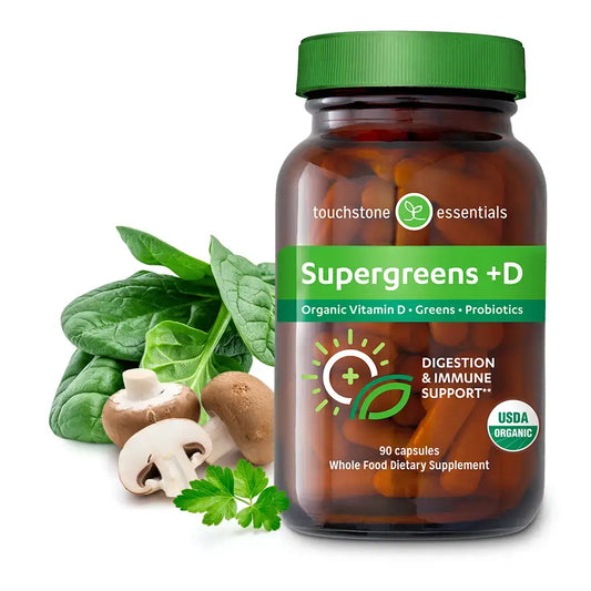 Touchstone Essentials Supergreens +D 90 Capsules, organic vitamins, greens, probiotics for digestion and immune support.