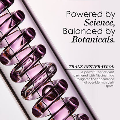 Close-up of a Sunday Riley serum bottle highlighting the blend of science and botanicals for skincare benefits.