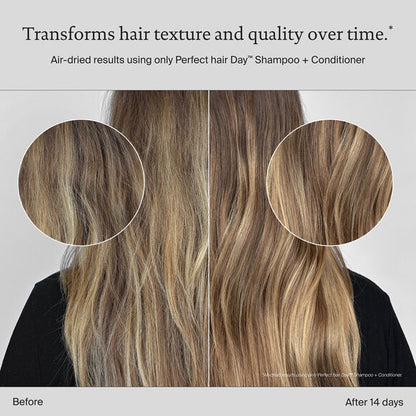 Before and after comparison of hair texture using Living Proof Perfect Hair Day shampoo and conditioner.