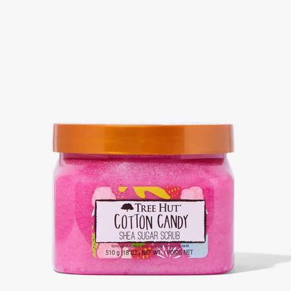 TREE HUT Cotton Candy Shea Sugar Scrub 510g in vibrant pink jar for smoother, nourished skin.