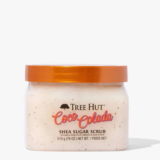 TREE HUT Coco Colada Sugar Scrub 510g for smoother, nourished skin with pro-youth benefits. Exfoliating sugar scrub jar.