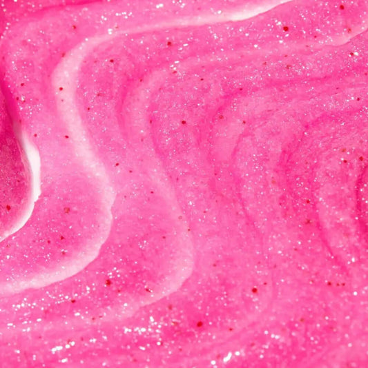 Close-up of TREE HUT Cotton Candy Sugar Scrub showing its vibrant pink and glittery texture for smoother skin.