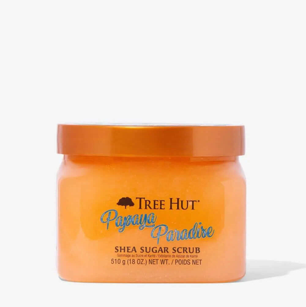 TREE HUT Sugar Scrub Papaya Paradise 510g jar for smoother, nourished skin with exfoliating benefits.