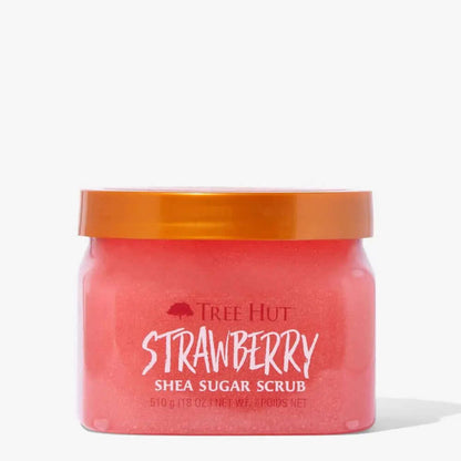 TREE HUT Strawberry Shea Sugar Scrub 510g in pink jar for smooth, nourished skin and reduced wrinkles.