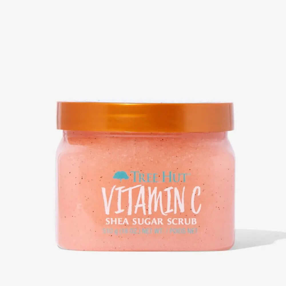 TREE HUT Vitamin C Sugar Scrub 510g in jar, designed to nourish and brighten skin with vitamin C and sugar.