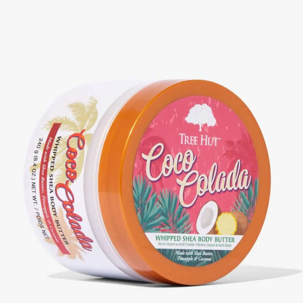 TREE HUT Coco Colada Whipped Body Butter 240g with coconut and pineapple scent, rich in shea butter for deep skin hydration.