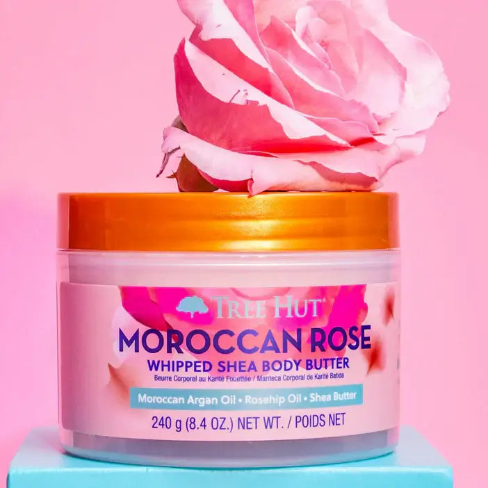 TREE HUT Whipped Body Butter Moroccan Rose jar with rose on pink background, 240g packaging.