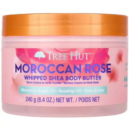 TREE HUT Whipped Body Butter Moroccan Rose 240g in a pink jar, showcasing luxurious moisturizing ingredients.
