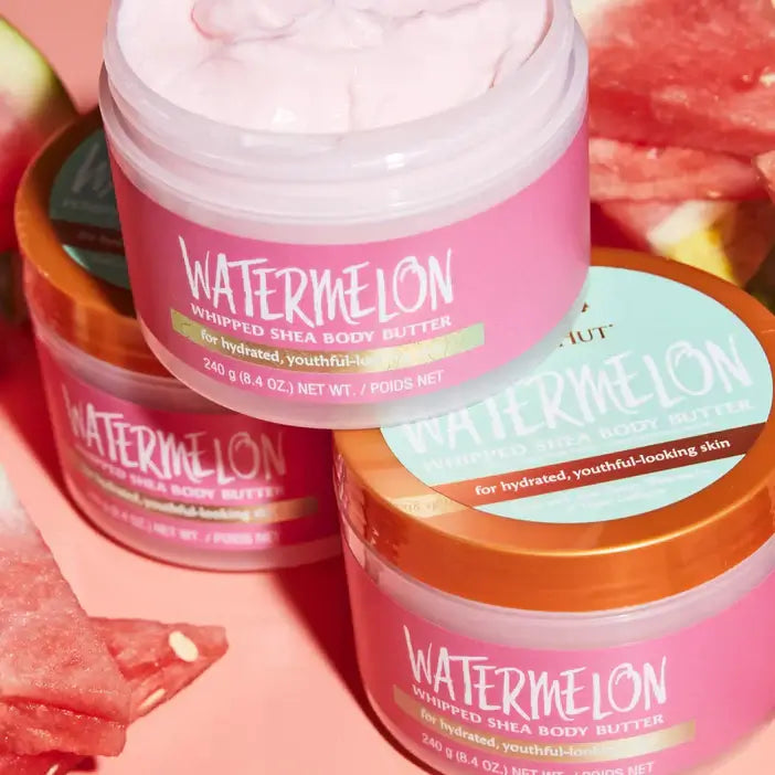 Jars of TREE HUT Whipped Body Butter Watermelon flavored whipped shea body butter with watermelon slices in the background.