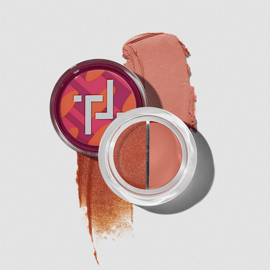 Trinny London Lip & Cheek T-Tones: Dual-purpose peach and pink shades in a stylish container.