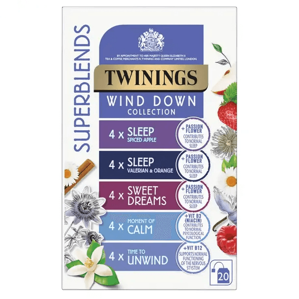 Twinings Superblends Wind Down Collection featuring Sleep, Sweet Dreams, and Calm herbal infusions with calming ingredients.