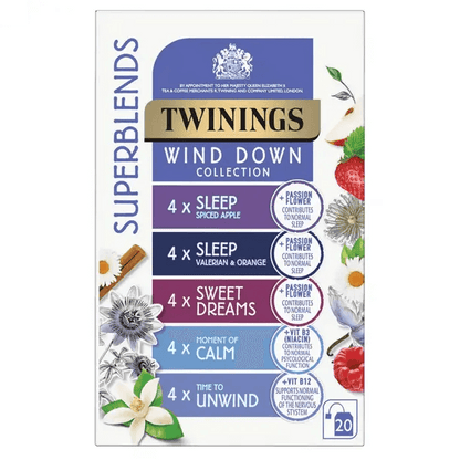 Twinings Superblends Wind Down Collection featuring Sleep, Sweet Dreams, and Calm herbal infusions with calming ingredients.