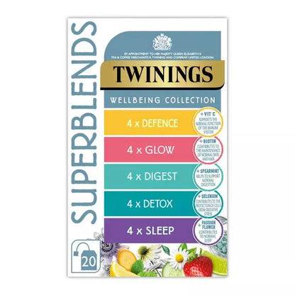 Twinings Superblends Wellbeing Collection with 20 tea bags for immunity, skin, digestion, detox, and sleep support.
