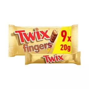 Twix Caramel & Milk Chocolate Fingers Biscuit Snack Bars Multipack, 9 bars, 20g each, suitable for vegetarians.