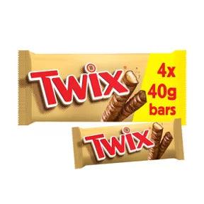 Twix Caramel & Milk Chocolate Fingers Twin Biscuit Snack Bars Multipack, includes 4x40g bars.