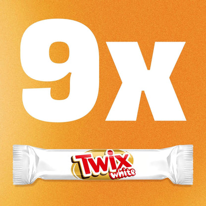Twix white candy bar packaging with '9x' text on an orange background