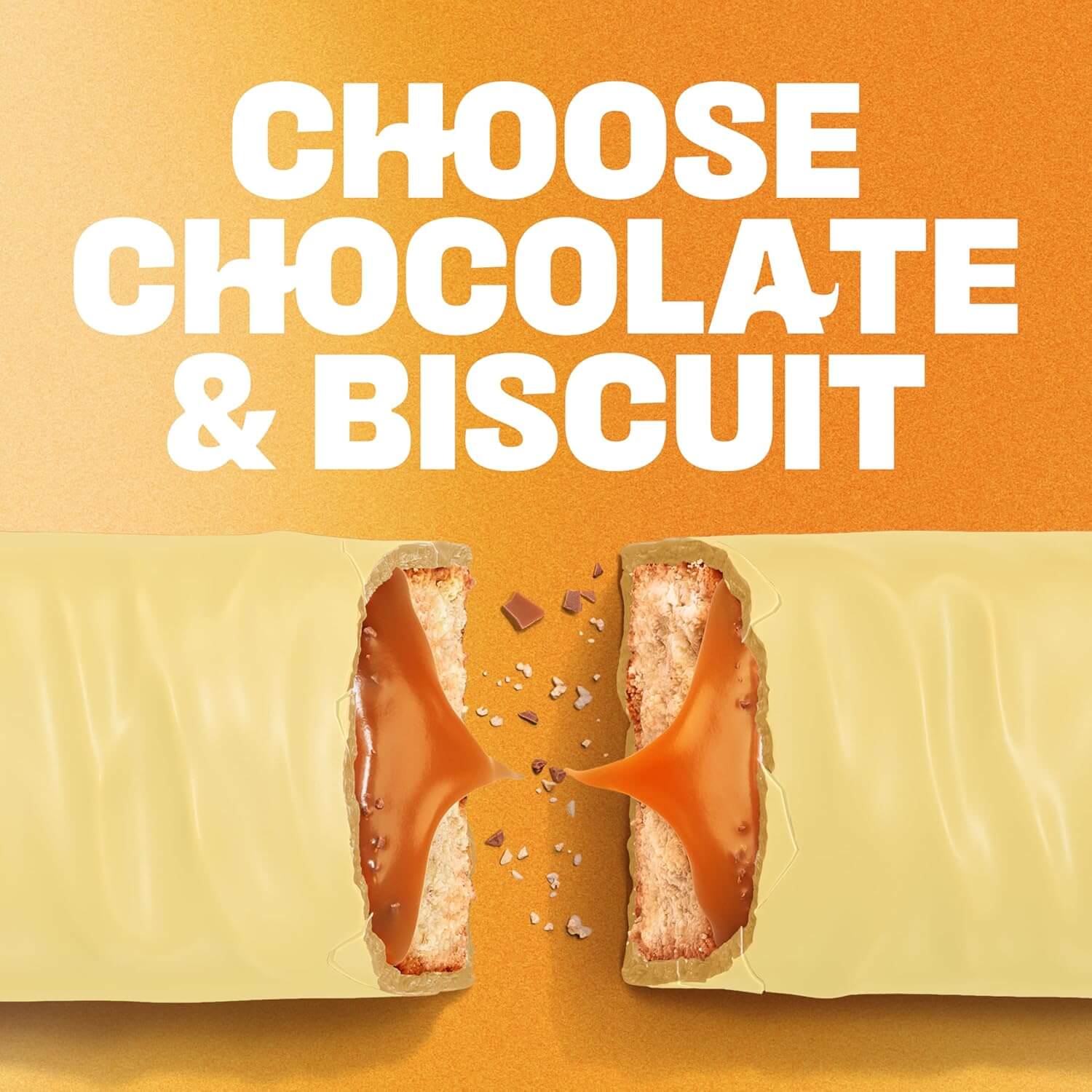 Chocolate and biscuit bar with a bite taken out, on an orange background with text 'CHOOSE CHOCOLATE & BISCUIT'.