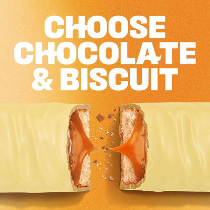 Chocolate and biscuit bar with a bite taken out, on an orange background with text 'CHOOSE CHOCOLATE & BISCUIT'.
