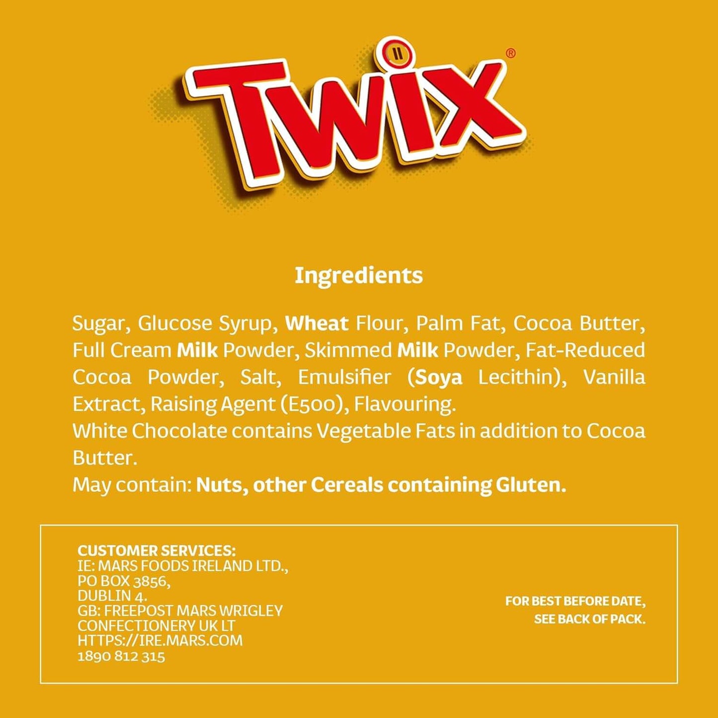 Twix candy bar ingredients list on a yellow background