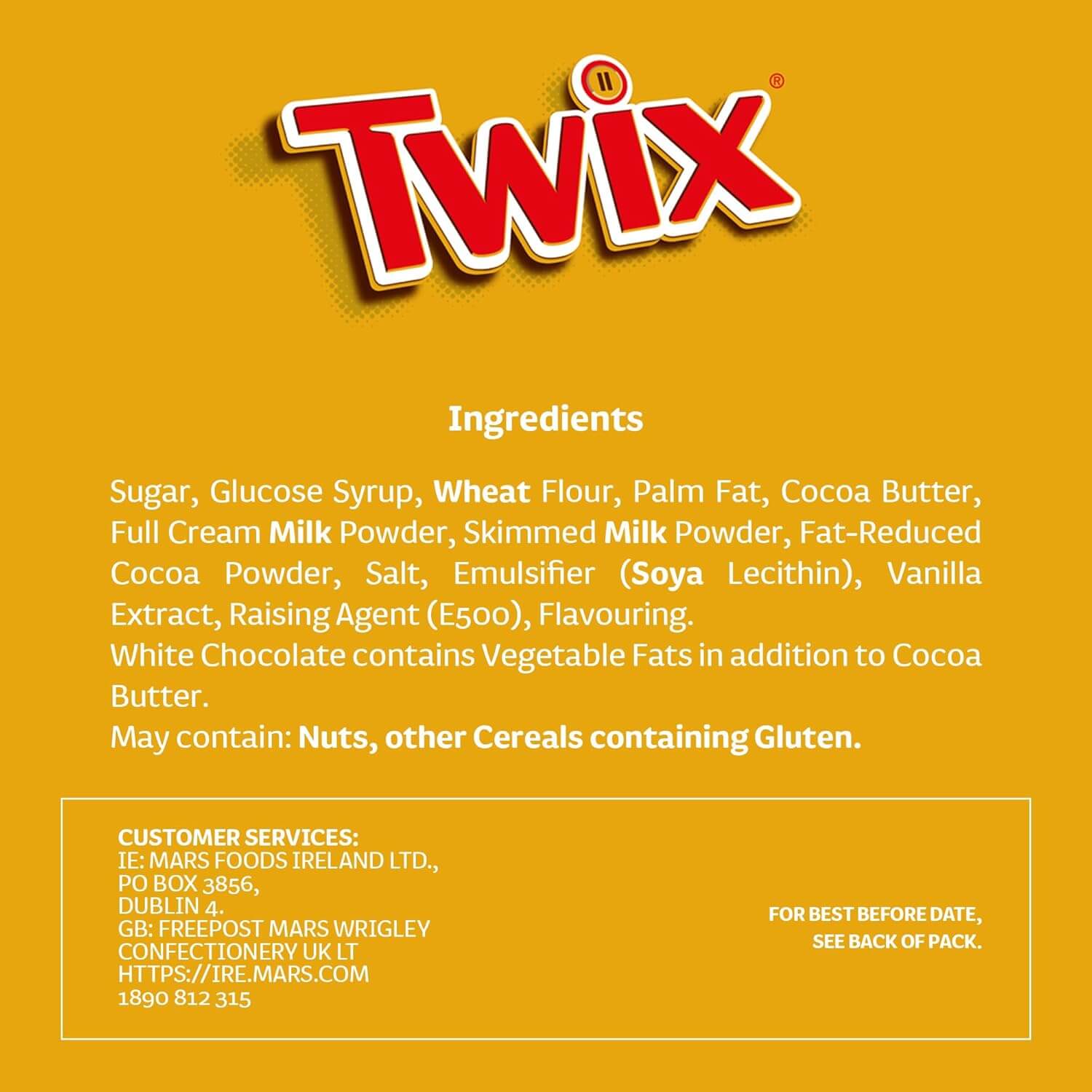 Twix candy bar ingredients list on a yellow background