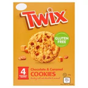 Twix Chocolate & Caramel Cookies, gluten-free, 4 x 30g pack, perfect treat for cookie lovers.