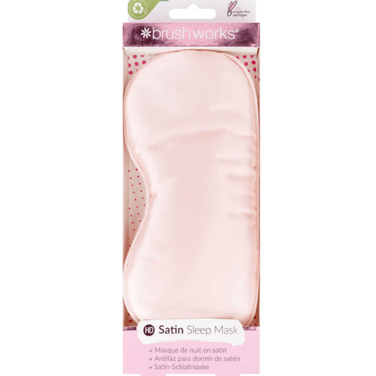 Brushworks Satin Sleep Mask in pink packaging, designed for restful sleep and light blocking. Soft polyester satin eye mask.