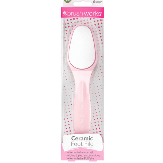 Brushworks Foot File in pink packaging, designed for smooth, soft feet by removing dry, rough skin.
