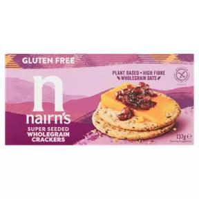 Nairn's Gluten Free Super Seeded Wholegrain Crackers 137g packaging featuring plant-based and high fibre ingredients.