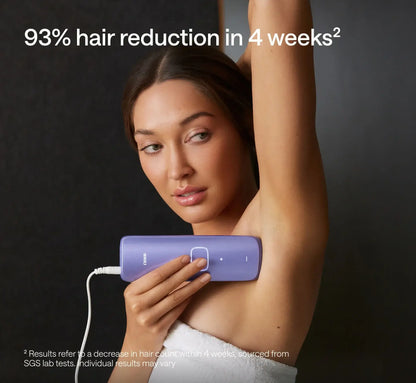 Model using Ulike Air 3 IPL hair removal device, demonstrating 93% hair reduction in 4 weeks on underarm.