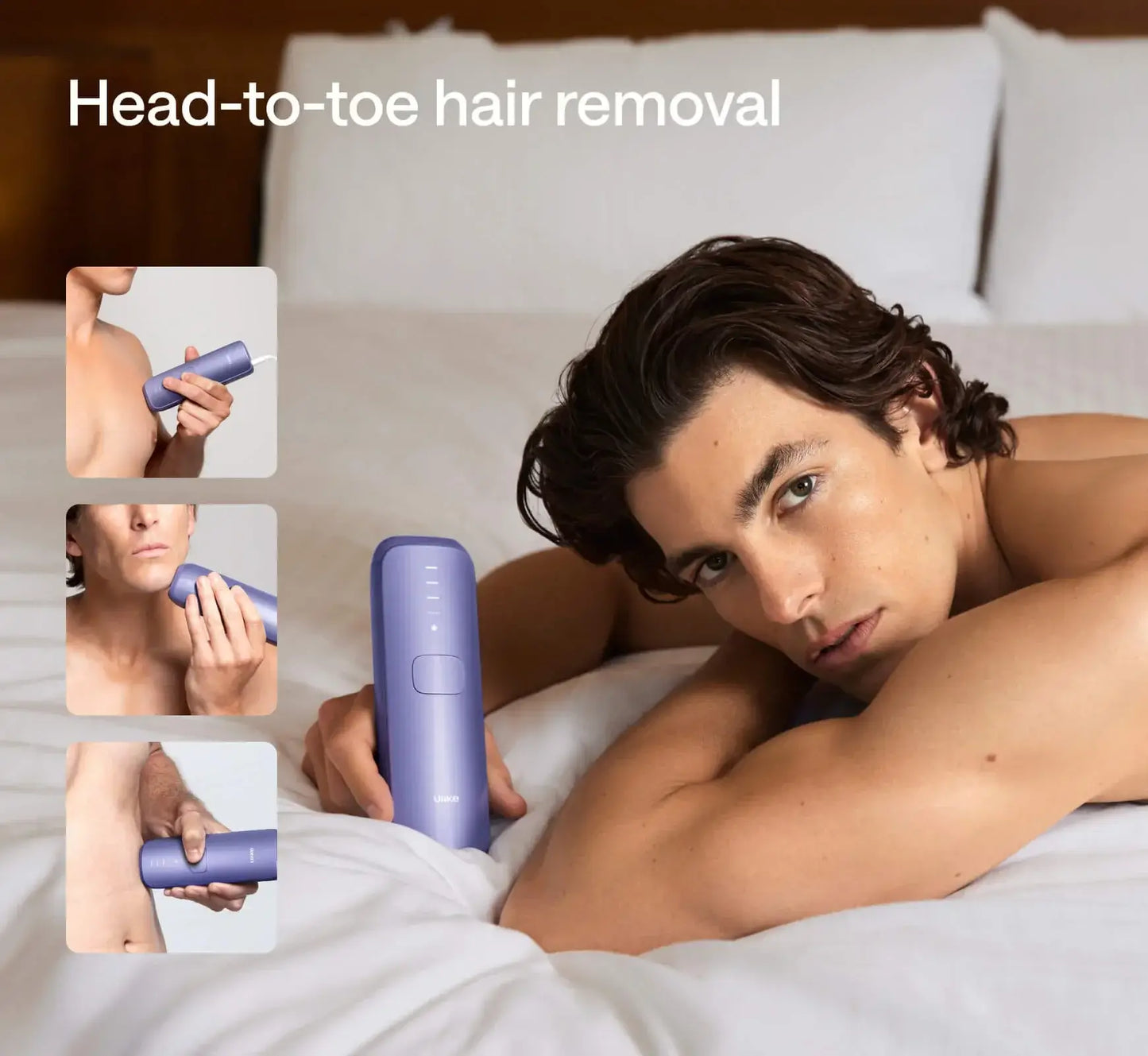 Ulike Air 3 IPL Hair Removal Device shown on a man, highlighting head-to-toe hair removal benefits.