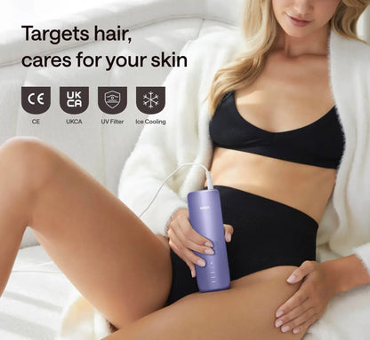 Woman using Ulike Air 3 IPL Hair Removal Device for smooth skin and effective hair removal.
