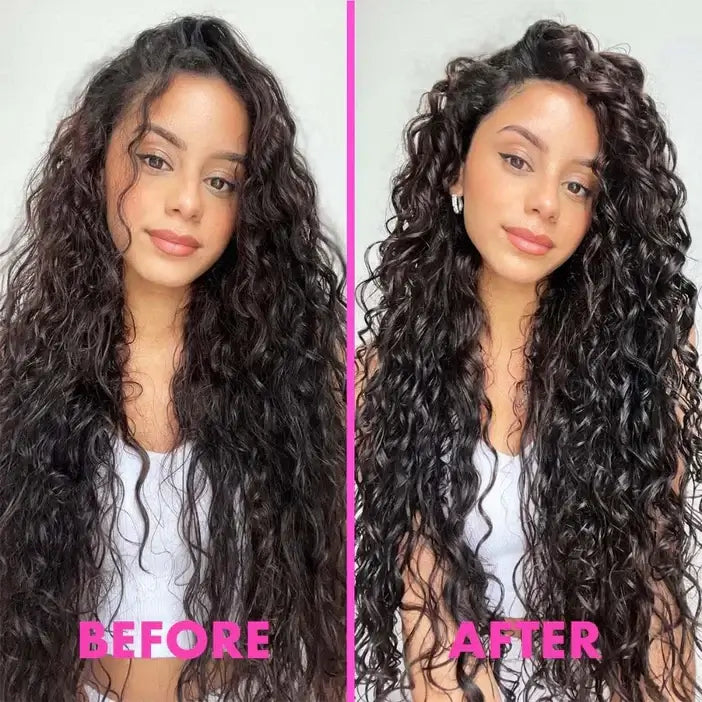 Before and after comparison of a woman with long, wavy hair.