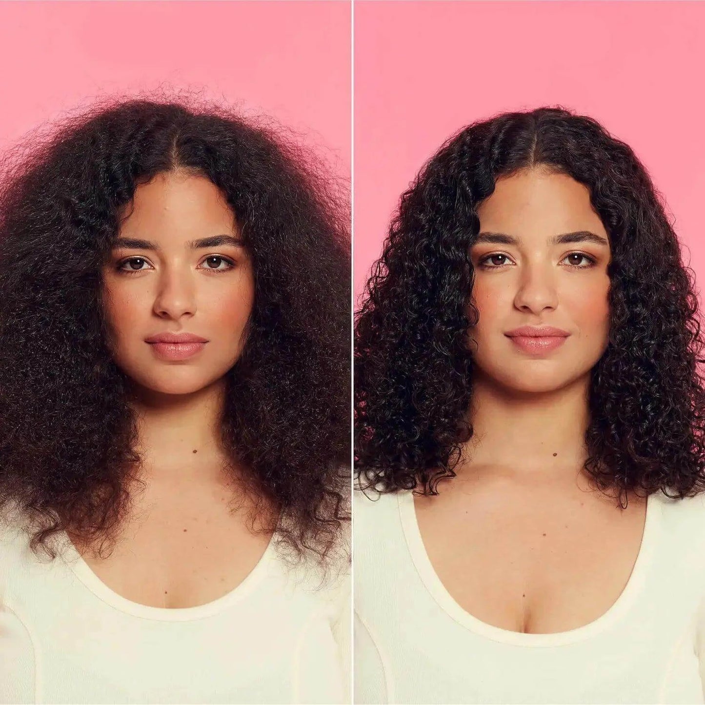 Before and after using Umberto Giannini Curl Jelly, showcasing defined curls and reduced frizz on a model.