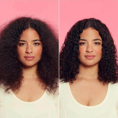 Before and after using Umberto Giannini Curl Jelly, showcasing defined curls and reduced frizz on a model.